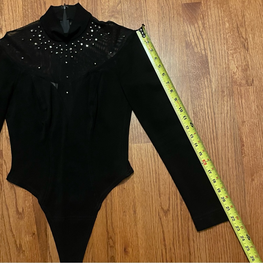 Tadashi Black Long Sleeve Rhinestone Embellished Mesh Thong Bodysuit size M - Picture 14 of 14